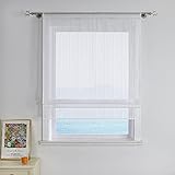 ESLIR Raffrollo Küche Weiß Raffgardine mit Tunnelzug Gardinen Transparent Bändchenrollo mit Vertikale Streifen Voile Wohnzimmer BxH 120x140cm 1 Stück
