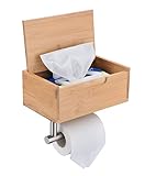 HomeHeng Toilettenpapierhalter mit Feuchttücherbox Ohne Bohren, Bambus Klorollenhalter Selbstklebend mit Ablage-Box Wandhalterung für Badzimmer Gebürstetes Nickel Klopapierhalter, H903-BN