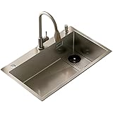 Spülbecken, Küchenspüle mit ausziehbarem Wasserhahn, Aufsatz-Küchenspüle aus Edelstahl, gebürstet, handgefertigt, Unterbau-Arbeitsplatz-Einzelbeckenspüle (Farbe: Silber, Größe: 75 x 45 cm)