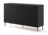 BIM Furniture Kommode Ravenna B 2D3S 150 cm mit gefräster Front Hochwertiges MDF, Sideboard, Buffet auf Schwarze Metallstiftbeinen, 2 Schränke, 3 Schubladen (Schwarz Matt)