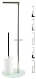 MSV 'Bergamo Stand WC Garnitur WC Bürste Rollenhalter Toilettenbürste Klobürste Klopapierhalter aus Edelstahl und Glas Weiß 3in1