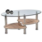 Stella Trading PANTY Couchtisch Glas oval mit zwei Ablagen in Eiche Sonoma Optik - geräumiger Glastisch für Ihren Wohnbereich - 90 x 42 x 55 cm (B/H/T)