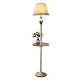 Stehlampe Traditionelle Stehlampe Klassische Stehlampe aus gebürstetem Messing mit beigem Stoffschirm und Holztischplatte Elegante Vintage-Stehlampe mit hoher Stange für Wohnzimmer, Schlafzi
