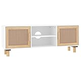 TV-Ständer TV-Schrank TV-Lowboard mit 4 Fächern, Fernsehtisch Fernsehschrank Medienkonsole für Wohnzimmer & Schlafzimmer, Weiß 105x30x40 cm Massivholz Kiefer Natur-Rattan