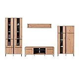 Homestyle4u 2213 Wohnwand 4-teilig Komplett-Set Schrankwand Holz Eiche Wohnzimmer Anbauwand Modern Industrial Style