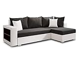 Ecksofa Lord mit Regal und Schlaffunktion - Sofa mit Bettkasten, Schlafsofa, Polsterecke, Couch L-Form, Couchgarnitur, Sofagarnitur (Weiß + Schwarz (Dolaro 511 + Berlin 02), Ecksofa Rechts)