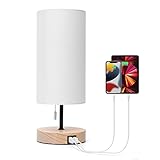 Aigostar Nachttischlampe mit 2 USB-Ladeanschlüssen, E27 Tischlampe mit Zugschalter, Holzsockel, Modern Tischleuchte für Schlafzimmer, Wohnzimmer, Schreibtisch, Babyzimmer - Weiß