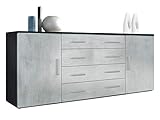 Vladon Sideboard Faro V2, Kommode mit 2 Türen und 4 Schubladen, Schwarz matt/Beton Oxid-Optik (166 x 72 x 35 cm)