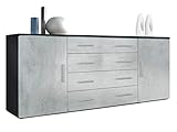 Vladon Sideboard Faro V2, Kommode mit 2 Türen und 4 Schubladen, Schwarz matt/Beton Oxid-Optik (166 x 72 x 35 cm)