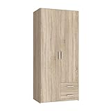 Teli Kleiderschrank mit 2 Flügeltüren und 2 Schubladen, aus laminiertem Holz, erhältlich in der Farbe Sonoma-Eiche, auch perfekt als Garderobe und Allzweckschrank, Maße: LAP 87,9 x 195 x 53,9 cm