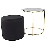 i-flair Nachttisch Beistelltisch mit Hocker Jasper runder Couchtisch und Pouf 40x40 cm N3 Schwarz - Gold - Schwarz