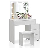 TUKAILAi Schminktisch mit Beleuchtung und Hocker Led Spiegel weiß Kommode mit Led Spiegelleuchte Spiegel Frisiertisch Kosmetiktisch mit Schubladen Teenager Mädchen Damen