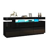 Anrichte Kommode, AnrichteSchrank mit LED-Beleuchtung, Hochglanz-Aufbewahrungsschrank mit 2 Türen, 3 Schubladen, große offene Regale, für Esszimmer Wohnzimmer Küche Flur, 160 x 35 x 72 cm, Schwarz