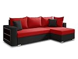 Ecksofa Lord mit praktischen Regal - Sofa mit Bettkasten und Schlaffunktion, Schlafsofa, Polsterecke, Couch L-Form, Couchgarnitur, Sofagarnitur (Schwarz + Rot (Alova 04 + 46), Ecksofa Rechts)