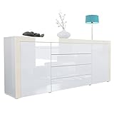 Vladon Sideboard Kommode La Paz, Korpus in Weiß Hochglanz/Front in Weiß Hochglanz mit Rahmen in Creme Hochglanz