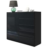 Vladon Sideboard Ben V2, Kommode mit 1 Tür und 5 Schubladen, Schwarz matt/Schwarz Hochglanz (79 x 74 x 36 cm)