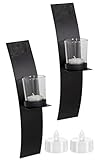 Novaliv 2X Wandkerzenhalter + 2X LED Teelichter 29 x 10 x 6 cm Schwarz LED Kerze Teelichterhalter aus Metall mit Glas Kerzenhalter Dekoration Wanddeko Vintage Deko Teelicht LED Licht Wandhalter