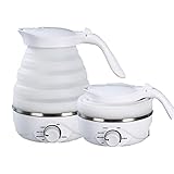 SYBZ Klein Wasserkocher Weiß Tragbar Faltbar 0.7L Reise,Silikon Edelstahlsockel, Camping Wasserkessel 5 Modi Temperatureinstellung für Ebullition Kaffee Tee Warmhalten baby Milchpulver