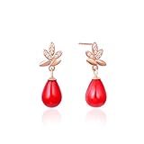 Inecklaced 925er Silber Ohrringe Damen, Rote Muschel Perle Weibliche Roségold Ohrclips Temperament Diamant Blattform Ohrstift, Party Geschenk Hypoallergenic Pierced Ear Bone Stud Schmuck Zubehör