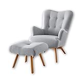 Stella Trading ARNDT Sessel mit Hocker und geknöpfter Polsterung, Silver - Wohnzimmer Fernsehsessel mit Massivholz Füßen & Microvelours Bezug - 77 x 101 x 100 cm (B/H/T)