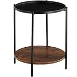 TecTake Beistelltisch rund aus Metall und Holz, Couchtisch mit 2 Ebenen, abnehmbares Tablett, für Wohnzimmer Schlafzimmer, schwarzes Metallgestell (Industrial Dunkelbraun)
