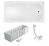 VBChome Badewanne 190x80 cm Acryl SET 3in1 Wannenträger Siphon Wanne Rechteck Weiß Design Modern Styroporträger Ablaufgarnitur in Chrom Viega Simplex (190 x 80 cm, Wannenträger)