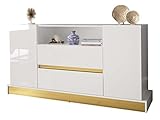 Mirjan24 Kommode Merista 04, mit 2 Türen, 2 Schubladen Ablage, gedämpftem Schließsystem, Anrichte Wohnzimmerschrank Mehrzweckschrank Sideboard Schrank Highboard (Weiß/Weiß Hochglanz + Gold)