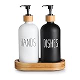 HULISEN Seifenspender-Set für Hand und Geschirr mit hohem Bambus-Tablett, Glasseifenspender für Küchenspüle, geeignet für moderne,Boho/Bauernhaus-Küchendekoration (schwarz und weiß)