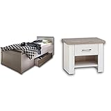 Luca Komfort Stilvolles Einzelbett 100 x 200 cm mit Bettkasten - 106 x 91 x 205 cm & Luca Eleganter Nachttisch im Landhausstil - Stilvoller Nachtschrank mit Schublade 51 x 46 x 43 cm (B/H/T)