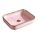 Badezimmer-Waschbecken, 52,9 x 39,9 cm, rechteckiges Badezimmer-Waschbecken, goldener Rand, Porzellan-Keramik-Aufsatzwaschbecken, Kunstwaschbecken, ideal für Badezimmer-Waschbecken zu Hause (Bianco)