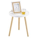 APICIZON Beistelltisch, Couchtisch rund Ø 38 cm, Höhe 45 cm, Sofatisch mit Beinen aus Massivholz, Skandinavischer Stil, Nachtisch Holz mit Schutzrand für Wohnzimmer, Schlafzimmer, Weiß/Natur