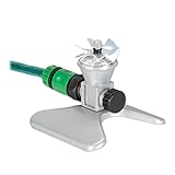 Relaxdays Rasensprenger für Garten, 5-6 Meter Sprühweite, mit Standfuß, Wasseranschluss 3/4', Metall, Sprinkler, Silber