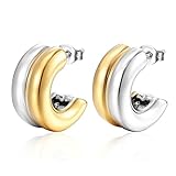 Beydodo Ohrringe Edelstahl Mädchen, Ohrstecker Bicolor C Form Ohrringe Nickelfrei Damen Silber Gold
