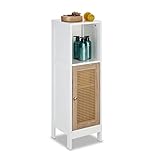 Relaxdays Badezimmerschrank, 3 Fächer, stehend, HBT: 96,5 x 30 x 30 cm, schmaler Badschrank mit Rattan-Tür, weiß/Natur