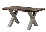 MASSIVMOEBEL24.DE | Freeform 5 Baumkantentisch aus Massivholz - Braun | 140x90 cm | Metallbeine X-Form Silber matt | aus Akazienholz | Esstisch echte Baumkante
