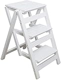 Lloow Holzstufenleitern Klapphocker, 3 Stufen Treppe Leitern Stühle, Hocker Faltbare Schritt Regalleiter,Weiß