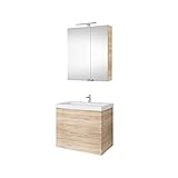 Planetmöbel Waschtischunterschrank 64cm mit Spiegelschrank Badmöbel Set für Badezimmer Gäste WC Sonoma Eiche