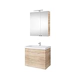 Planetmöbel Waschtischunterschrank 64cm mit Spiegelschrank Badmöbel Set für Badezimmer Gäste WC Sonoma Eiche