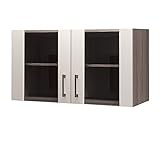 RIWAA - Küchen-Glashängeschrank Belfast - Hängeschrank - Küchenschrank - 2-türig - 100 cm breit - Creme Samtmatt/Eiche Dekor