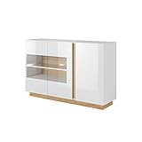 MOEBLO Vitrine aus Glas Kommode für Wohnzimmer mit Glastüren und LED Beleuchtung Schrank Sideboard Salta E 138 Led Weiß + Eiche Grandson + Weiß Hochglanz