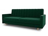 Schlafsofa Sara - Sofa mit Schlaffunktion und Bettkasten, Bettsofa mit Wellenfeder, Schlafcouch mit Holzfüße, Couch vom Hersteller, Couchgarnitur, Velours (Grün (Kronos 19))