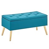 mDesign Rechteckige Aufbewahrungsbank, Fußstütze, lang, getuftet, Möbel-Organizer und Sitz mit Holzbeinen und Scharnierdeckel für Wohnheim, Wohnzimmer, Büro, Schlafzimmer oder Tisch, Blaugrün