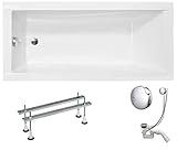 VBChome Acryl Badewanne 140x70 cm Weiß Rechteck Wanne Siphon Wannenfüße Design Modern Ablaufgarnitur in Chrom Viega Simplex