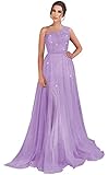 Eine Schulter Pailletten Abschlussball Kleider Tüll Ballkleid Lang Formal Kleider Glitzerndes Abendkleid mit Schlitz, Flieder, M