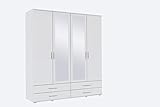Rauch Möbel Rasant, Schrank Drehtürenschrank mit Spiegel inklusive 4 Schubladen, 4-türig, Zubehörpaket Basic 2 Einlegeböden, 1 Kleiderstange, Weiß, 52 x 168 x 188 cm