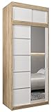 Kryspol Schwebetürenschrank Verona 2-100 cm mit Spiegel Kleiderschrank mit Kleiderstange und Einlegeboden Schlafzimmer- Wohnzimmerschrank Schiebetüren Modern Design (Somoma + Weiß mit Erweiterung)