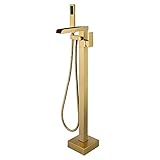 Ksunun Freistehende Armatur Badewanne Einzelgriff Wasserfall Standarmatur Freistehende Wannenarmatur Messing Standarmatur Badewannenarmatur mit Handbrause und 360° Drehen Auslauf,Brushed Gold a