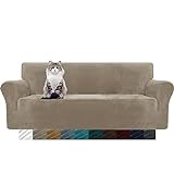 MAXIJIN Thick Velvet Sofabezüge 3-Sitzer Super Stretch rutschfeste Couchbezug für Hunde Katze Haustierfreundlich 1-teilige elastische Möbel Protector Plüsch Sofa Schonbezüge (3 Sitzer, Khaki)
