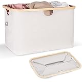 HENNEZ Faltbarer Wäschekorb Beige/Hellgrau 60L - Wäschekorb aus Stoff mit Bambus - Klappbarer Wäschekorb Faltbar Flach - Collapsible Foldable Laundry Basket -Wäschekorb Tragbar Wäschesammler