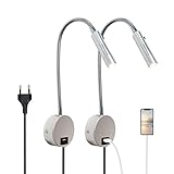 YNDD 2 Stück Leselampe Wandmontage mit Stecker, 230V Wand Bettlampe mit USB Ladeanschluss und Aluminium-Schwanenhals, 3W LED Wandleselampe für Schlafzimmer, Bett, Silber, 3000K Warmweiß